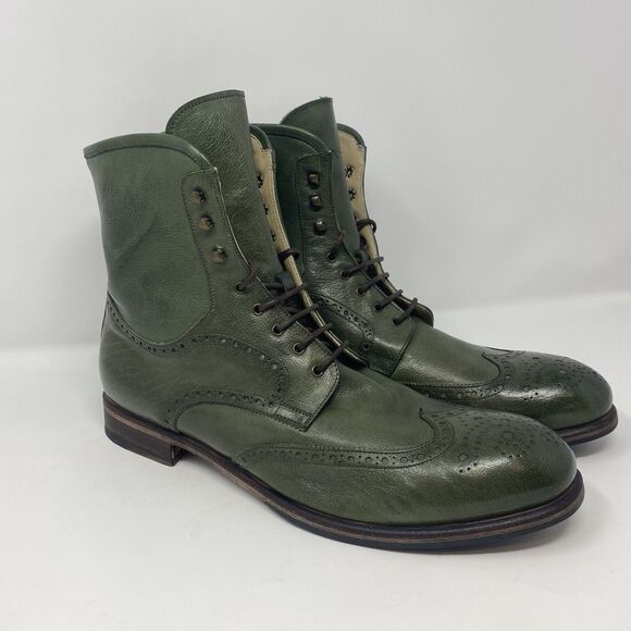 RARE BOGA Men US 13 Green Leather Union Brogue Wingtip Boots Handmade Italy City - Picture 1 of 15